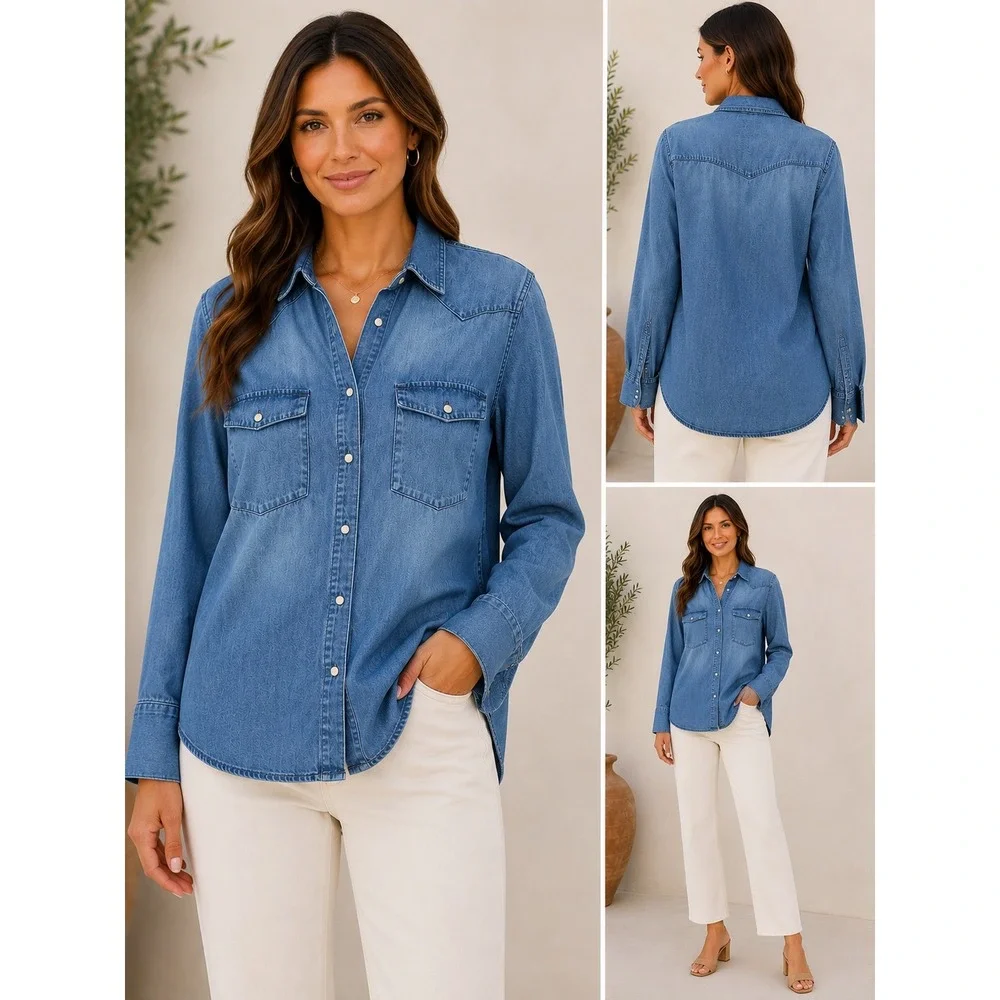 J.Crew Denim Shirt Womens 12 Light Wash Pearl Button Western Cotton Top - Picture 1 of 10